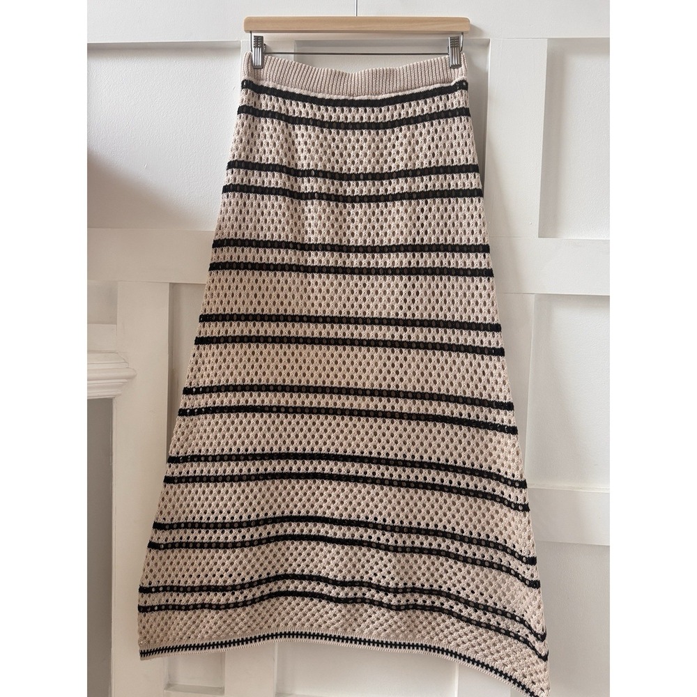 Solitaire Beige & Black Striped Open-Knit Crochet Maxi Skirt - Size Large